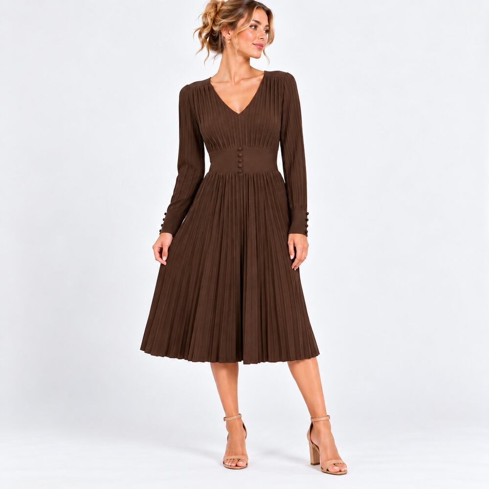 Vtg Kensie Women's XL Brown Wool Blend Long Sleeve Winter Button Dress